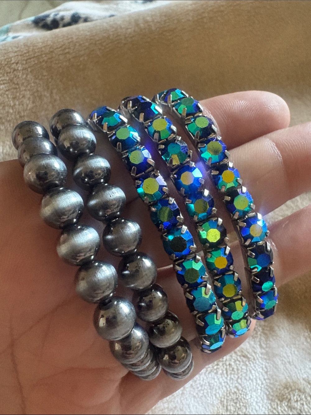Iridescent Blue-Green Crystal Stretch Bracelet Set - Women Jewelry